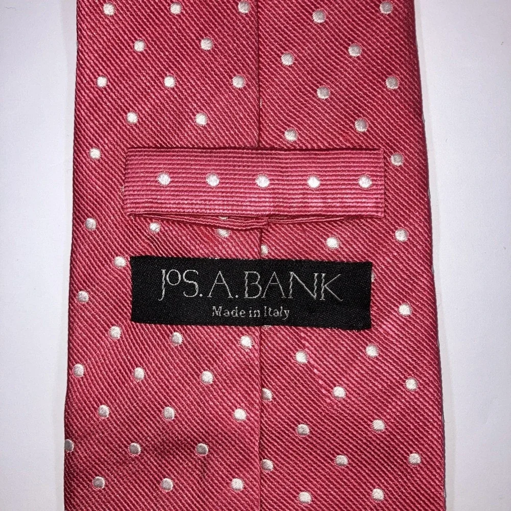 Jos A‎ Bank Silk Repp Tie Pink White Polka Dot Classic Made in Italy 60.5x3.75